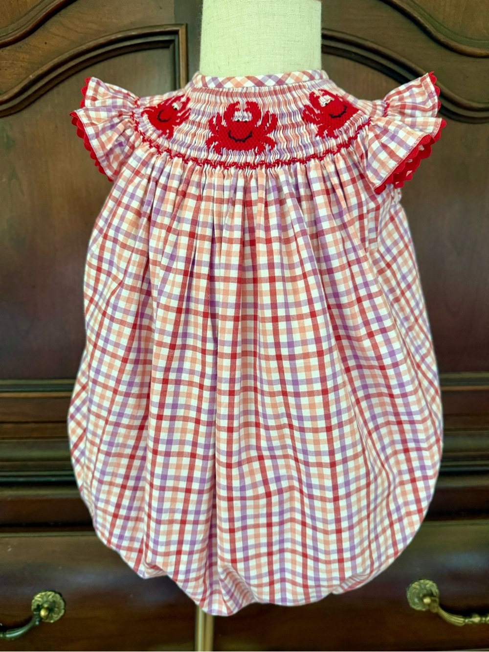 Classic Whimsy Smocked Crab Bubble 24M Red Gingham Boutique Romper